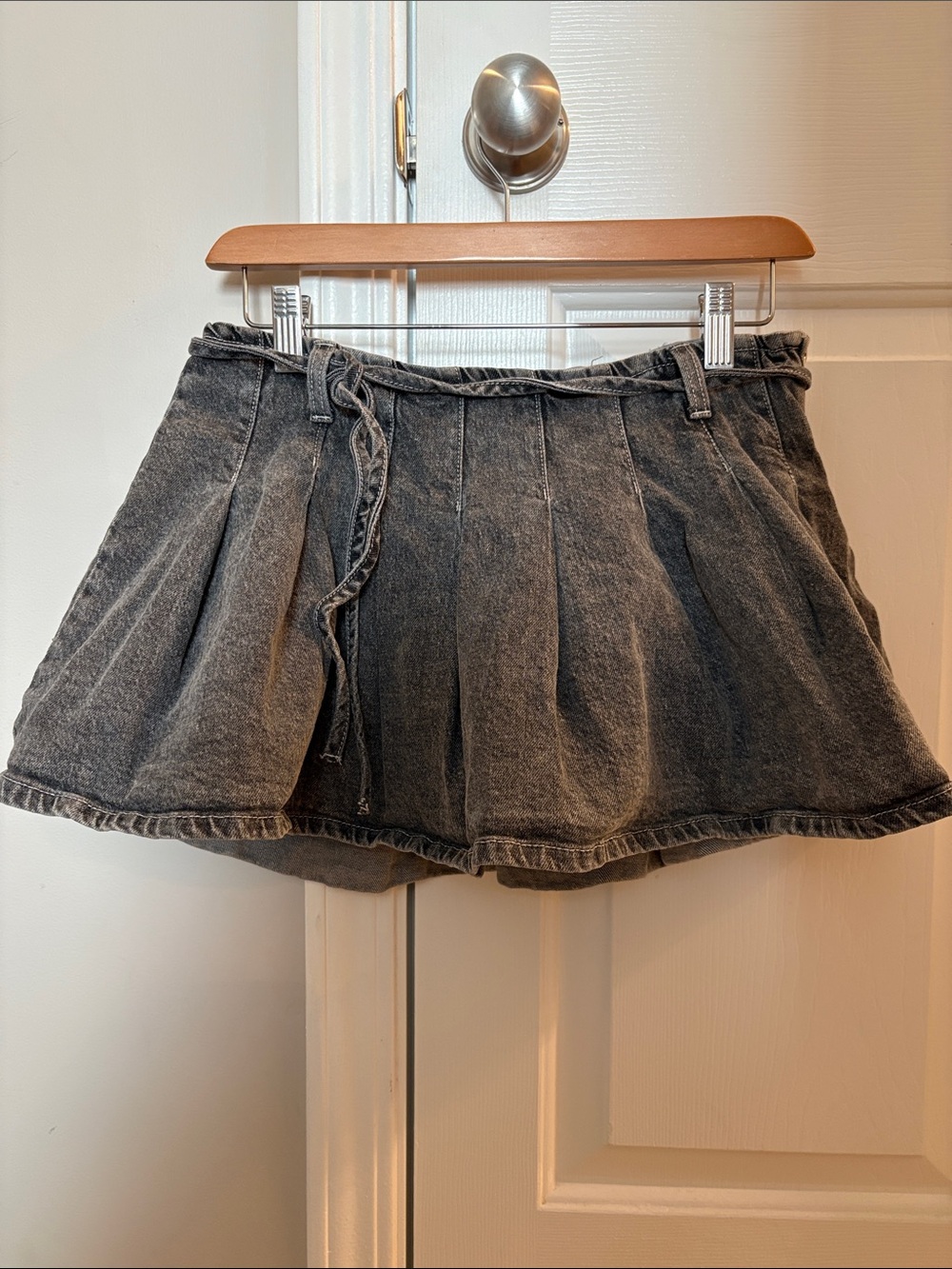Pleated Grey Acid Washed Black Denim Skater Skort